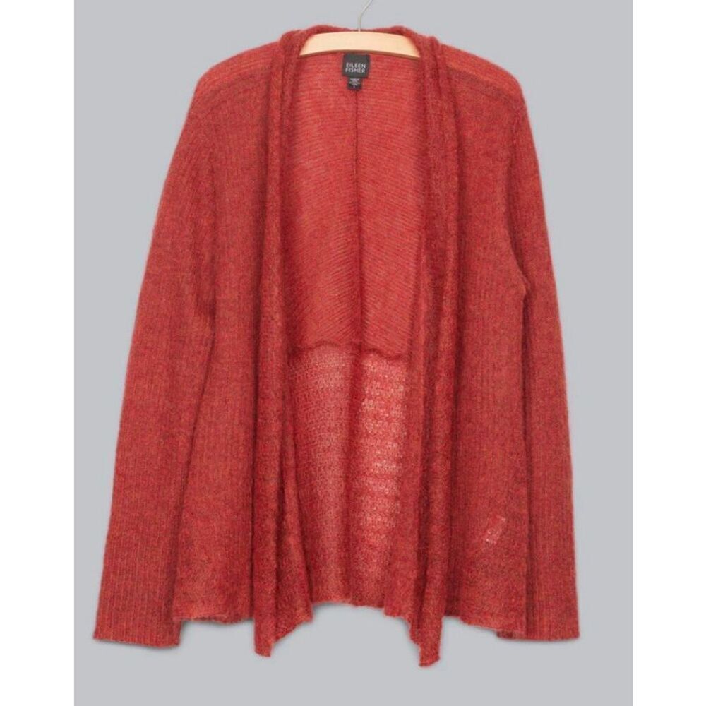 Eileen Fisher Women L Mohair Melange Cardigan Sweater Minimalist Fuzzy OpenFront